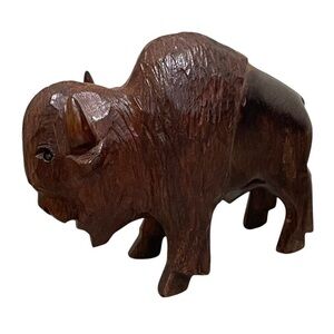 Hand Carved Ironwood Bison Buffalo Figurine Dark Brown Vintage Handmade 4"x3.5"